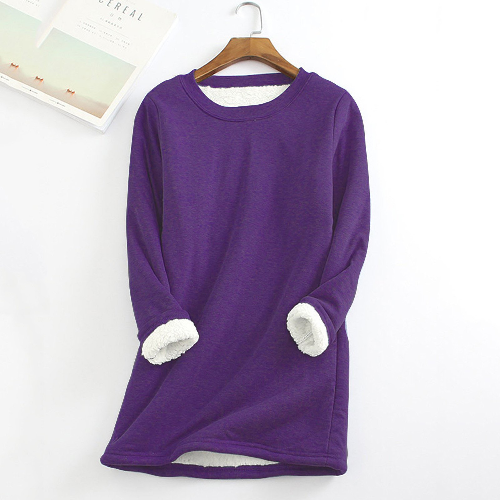 thumbnail image 4 of Sudadera informal de felpa gruesa para mujer, cálida, de terciopelo, con cuello redondo, para el invierno, prenda interior., 4 of 8